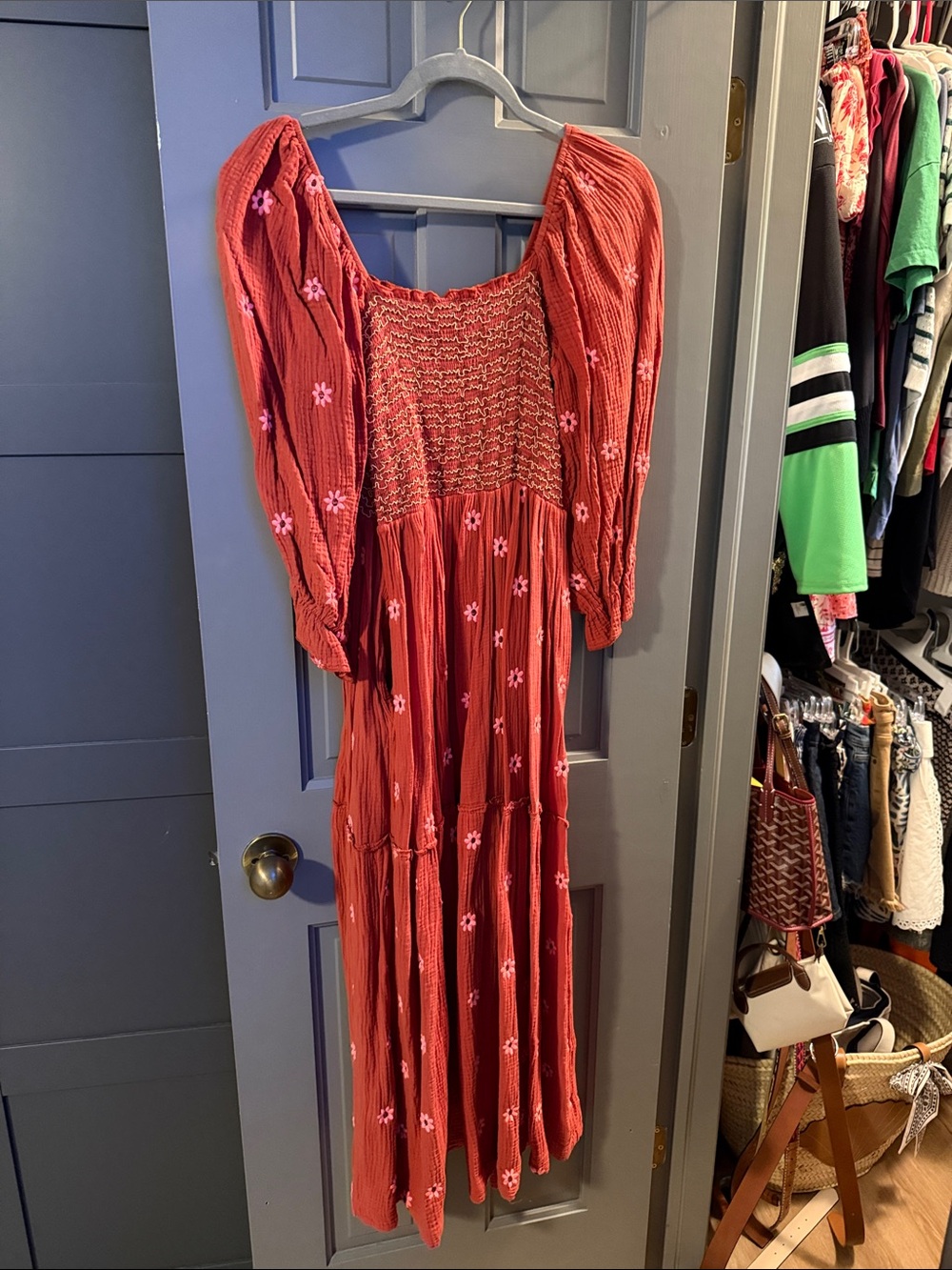 Free People Rust Red Maxi Dress with Pink Floral Embroidery